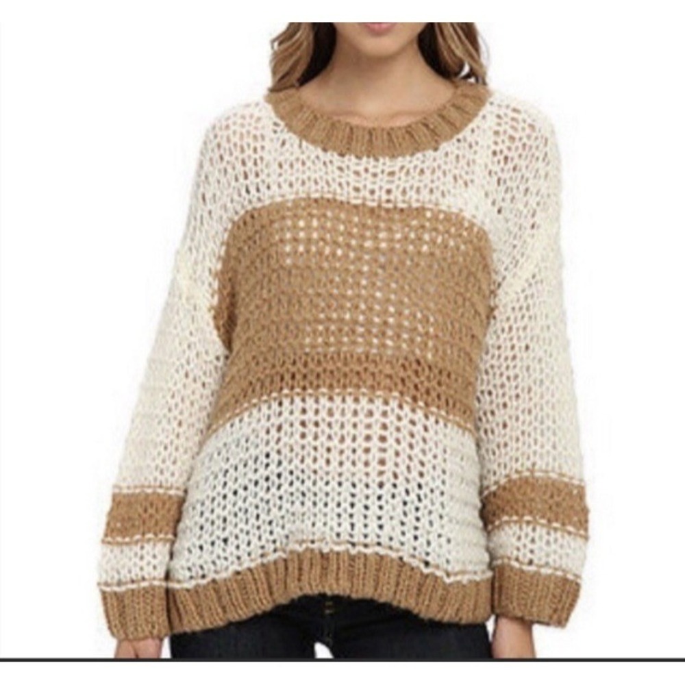 Free People Women Chunky Knit Sweater Size Large Cream Tan Colorblock Cozy Boho